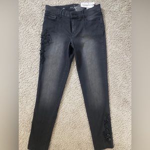 White House Black Market Skinny Ankle Embellished Beaded Black Jeans Sz 8L long